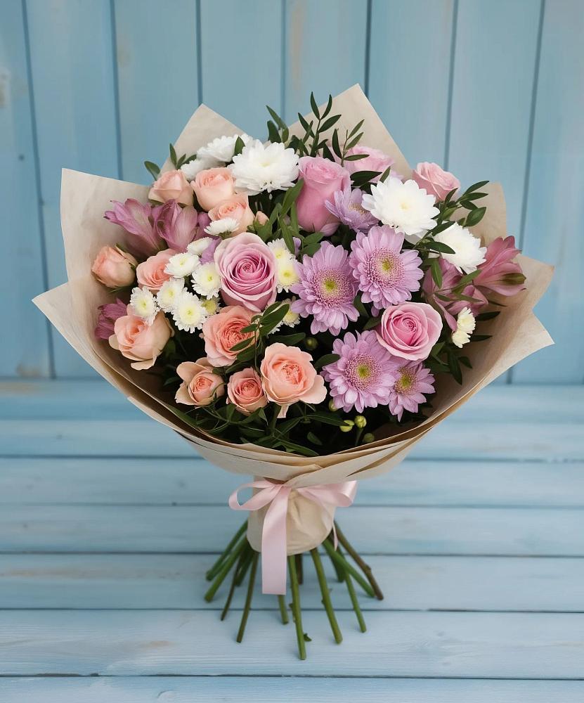 Букет цветов из: Хризантемы, Розы и Альстромерии в Стрежевом