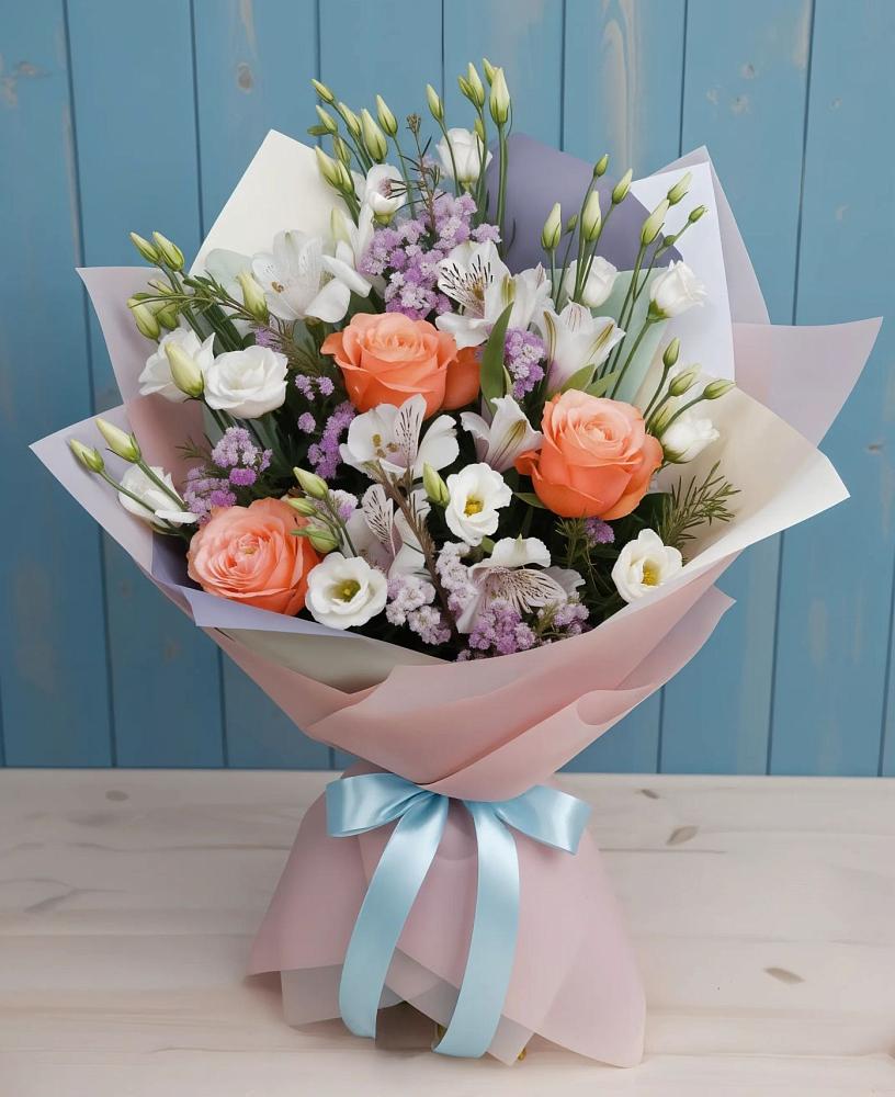 Букет цветов из: Лизиантусы, Розы, Альстромерии и Гипсофила в Стрежевом