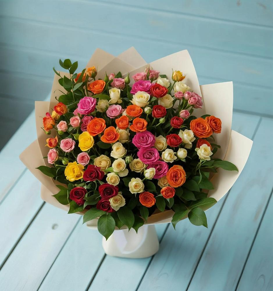 Букет Микс из разноцветных кустовых роз в Стрежевом