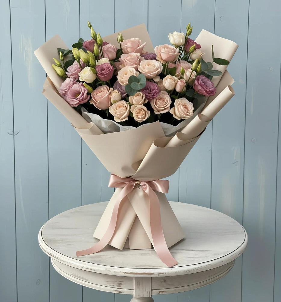 Букет цветов из: Розы и Лизиантусы в Стрежевом