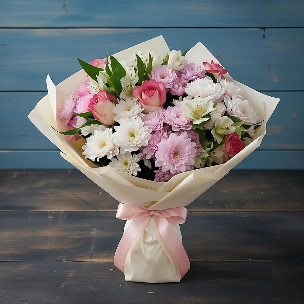 Букет цветов из: Хризантемы, Альстромерии и Розы в Стрежевом